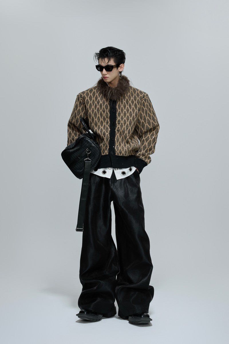 Sequin Knit Cardigan with Fur Collar