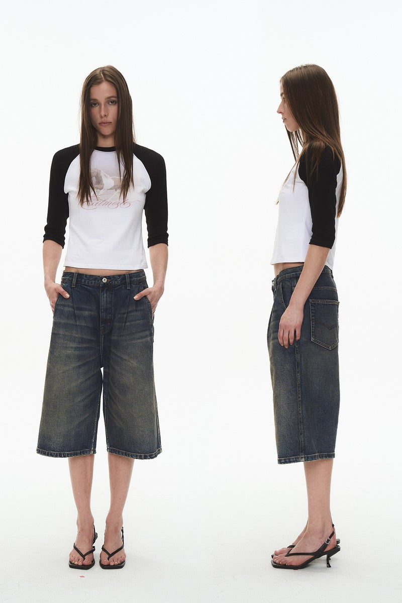 Distressed Pleated Denim Shorts