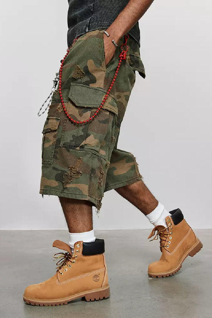 Distressed Camo Cargo Shorts