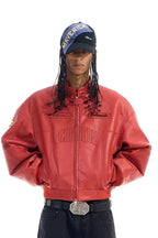 Embroidered Biker Faux Leather Jacket