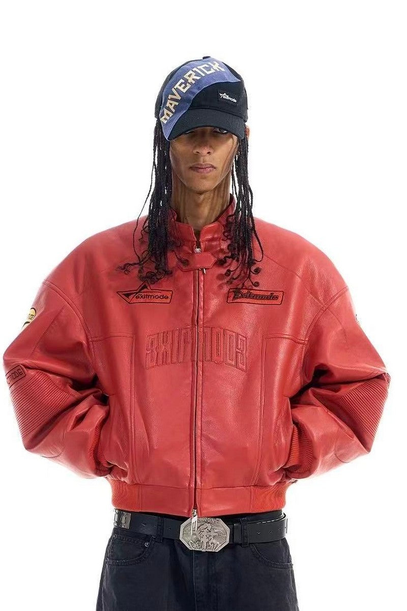 Embroidered Biker Faux Leather Jacket