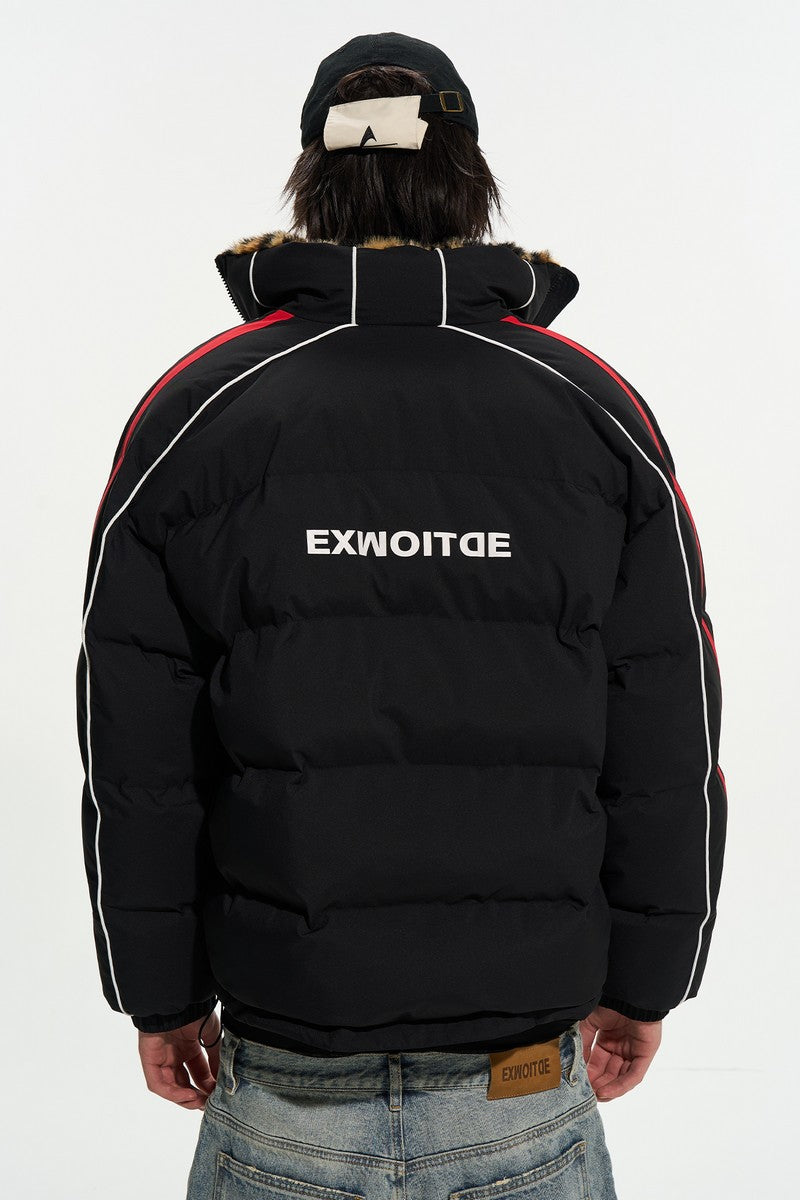 Colorblock Fur Collar Puffer Jacket