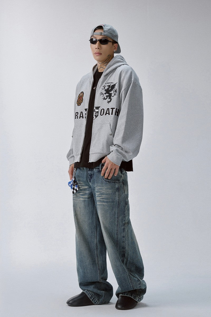 Embroidered Grey Zip Hoodie