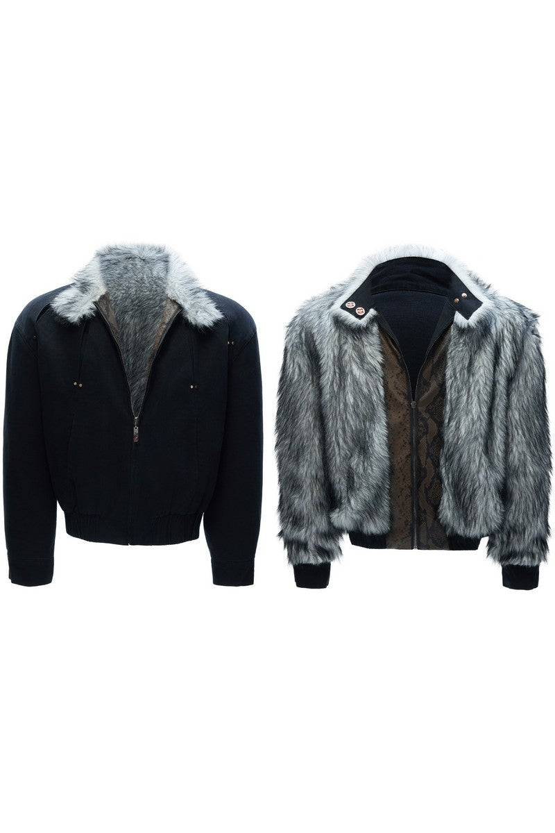 Washed Canvas Faux Wolf Fur Puffer
