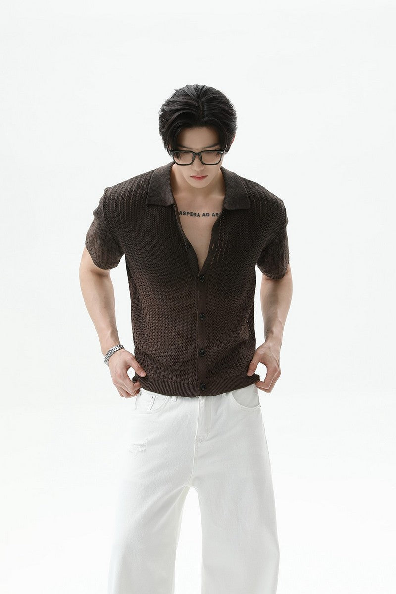 Ombre Wool Knit Polo Cardigan