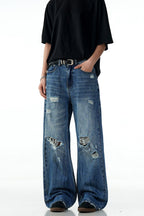 Blue Ripped Wide Jeans