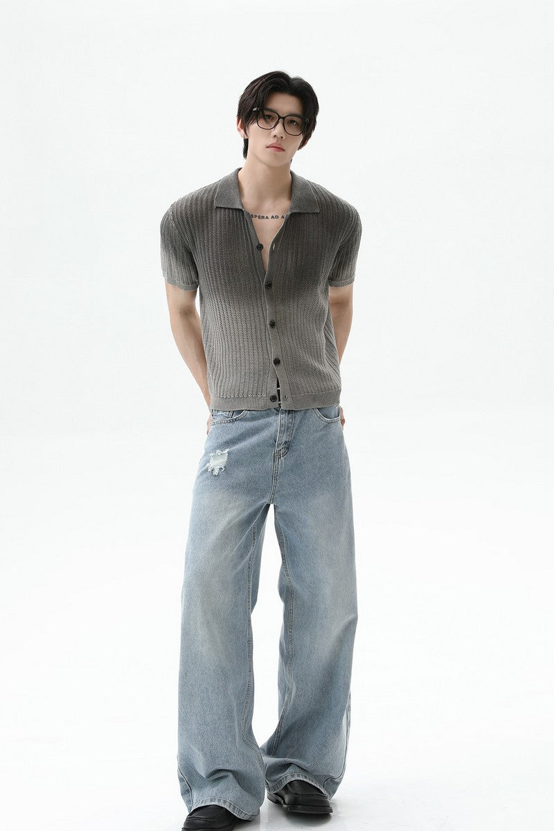 Ombre Wool Knit Polo Cardigan