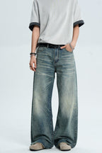 Whiskered Washed Loose Jeans