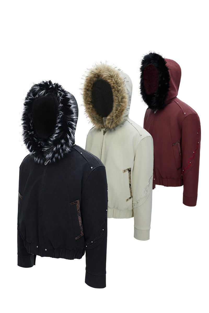 Embroidered Washed Leather Puffer