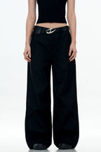 Black Draped Straight-Leg Trousers