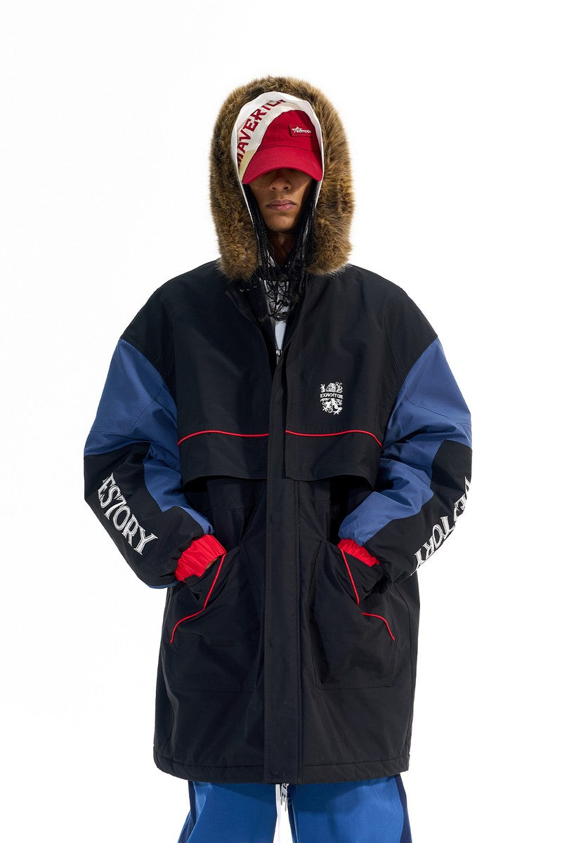 Colorblock Embroidered Long Parka