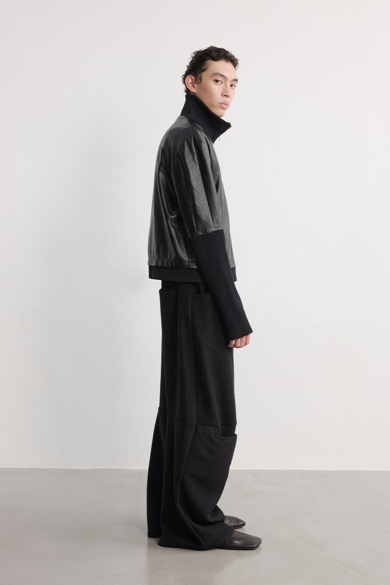 Ribbed Cuff Textured Leather Jacket