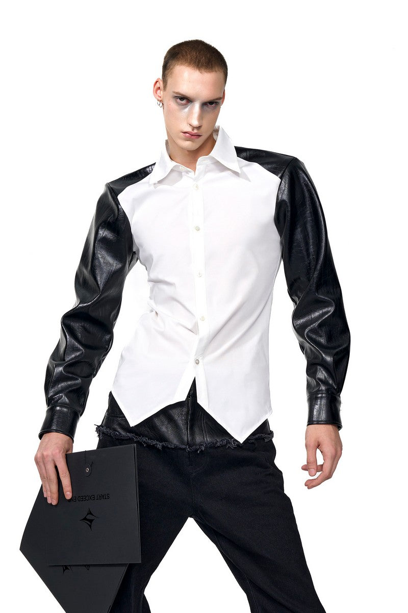 Leather Patch Irregular Hem Shirt