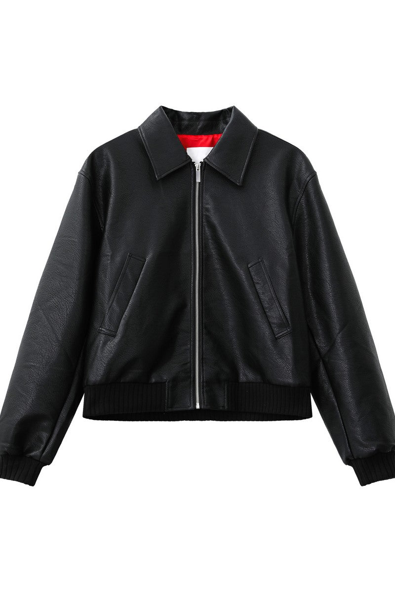 Cropped PU Leather Biker Jacket