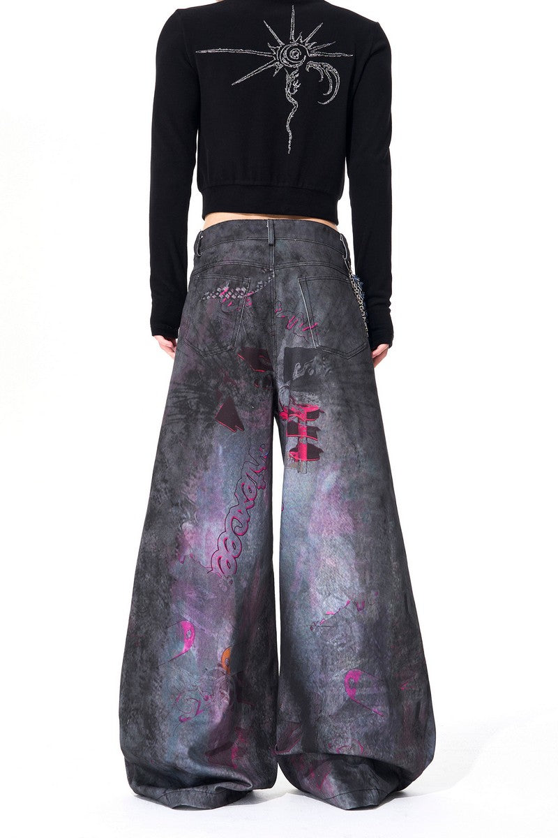 Mic Print Dirty Wash Jeans