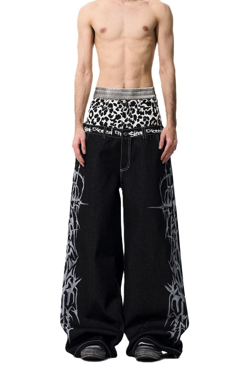 Leopard Patch Double Waist Jeans