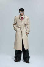 Striped Stand Collar Long Trench