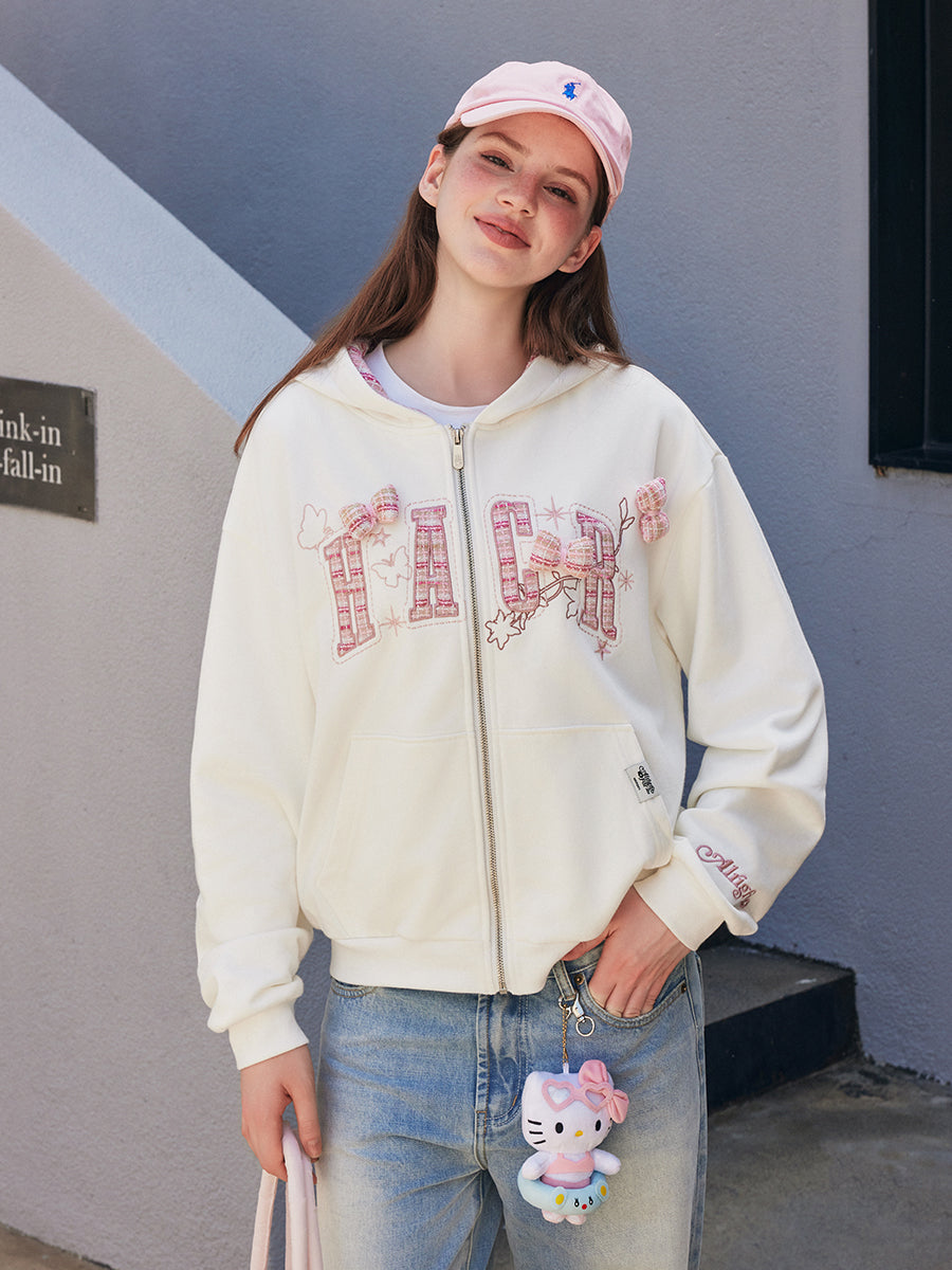 Embroidered Plaid Zip Hoodie