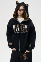 Leopard Cat Ear Zip Hoodie