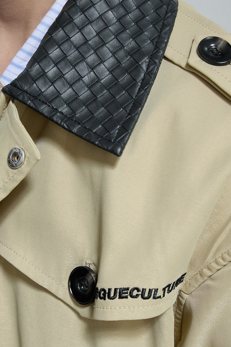 Woven Leather Cropped Trench Jacket