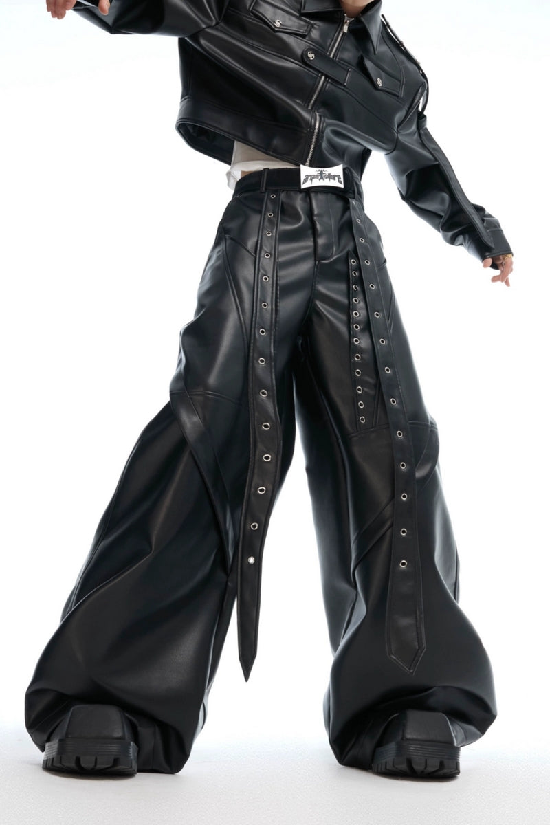 Deconstructed Studded Wide-Leg Leather Pants