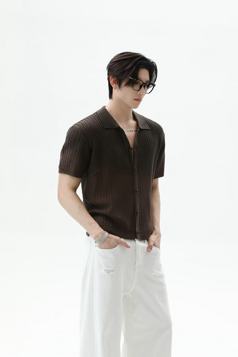 Ombre Wool Knit Polo Cardigan