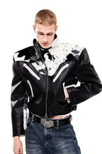 Cow Print Faux Fur Biker Jacket