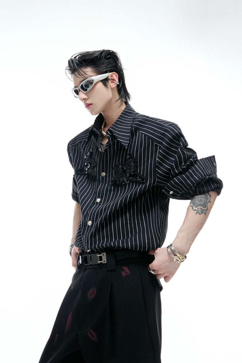 Striped Sequin Embroidered Linen Shirt