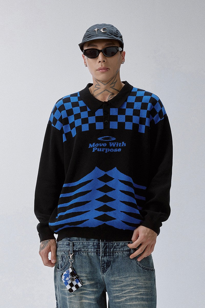 Checkerboard Patchwork Polo Knit Sweater