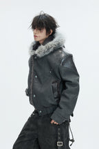 Marble Faux Wolf Fur Puffer Jacket