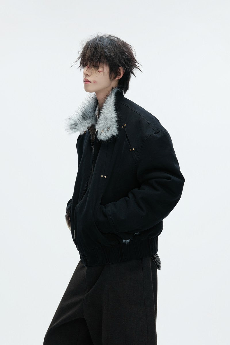 Washed Canvas Faux Wolf Fur Puffer