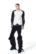 Leather Patch Irregular Hem Shirt