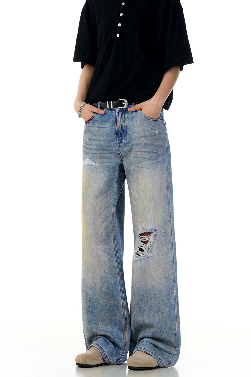 Ripped Straight Wide Jeans
