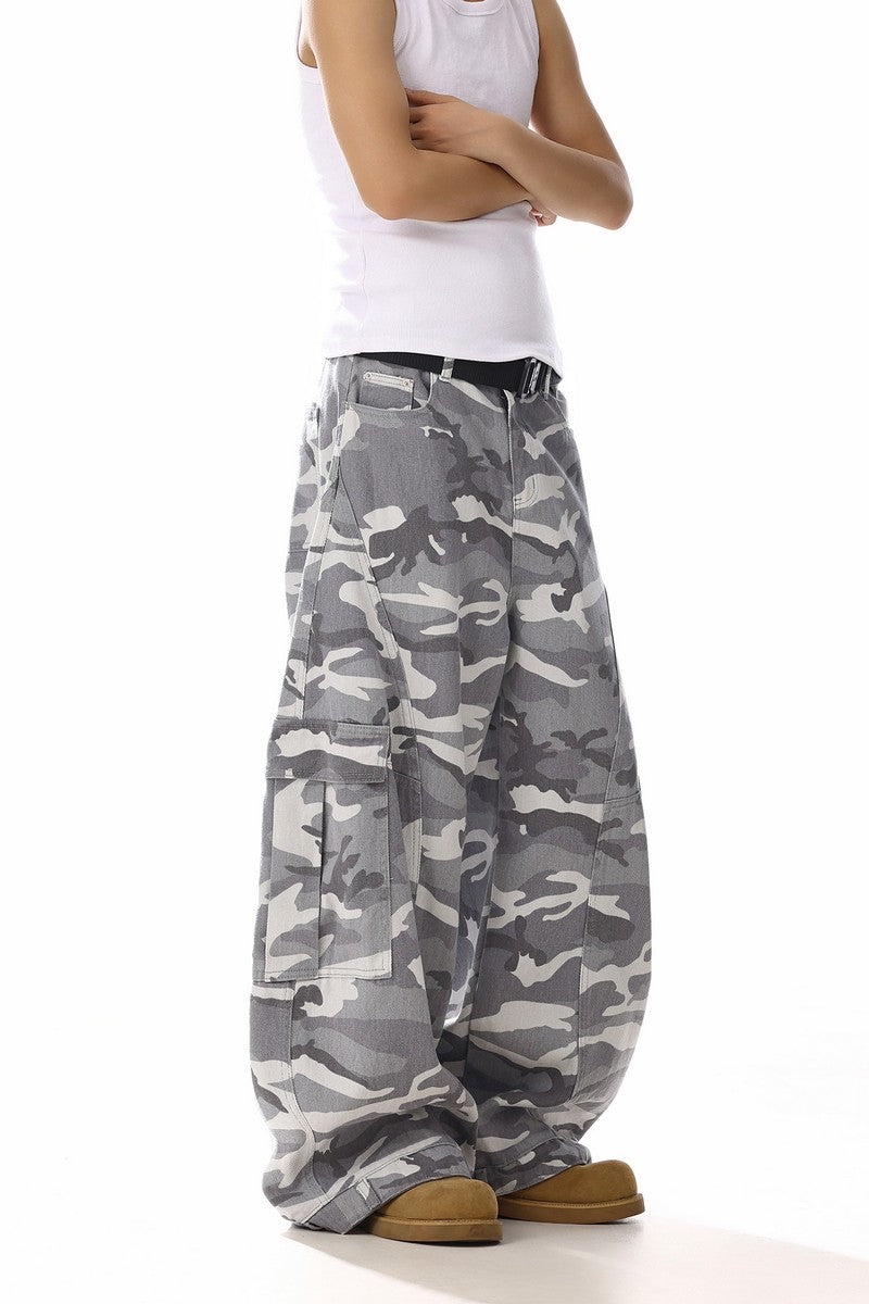 Grey Camo Wide Cargo Pants