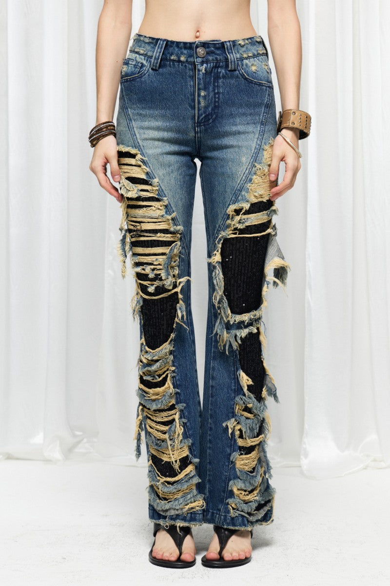 Distressed Sequin Flare Jeans