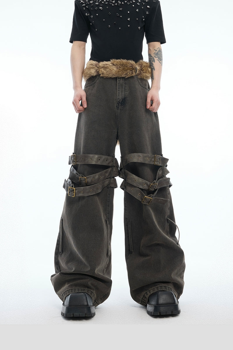 Belted Flared Distressed Jeans