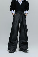 Glossy Pleated Straight Leg Trousers