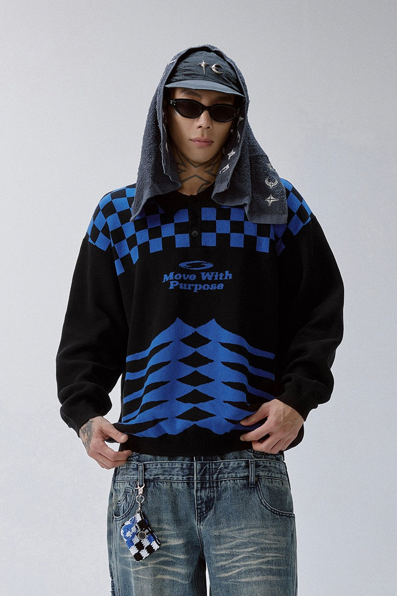 Checkerboard Patchwork Polo Knit Sweater