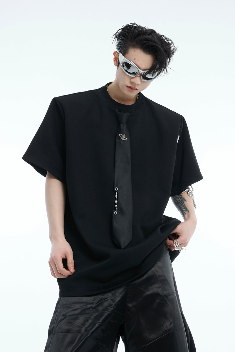 Tie Detail Padded Shoulder T-Shirt