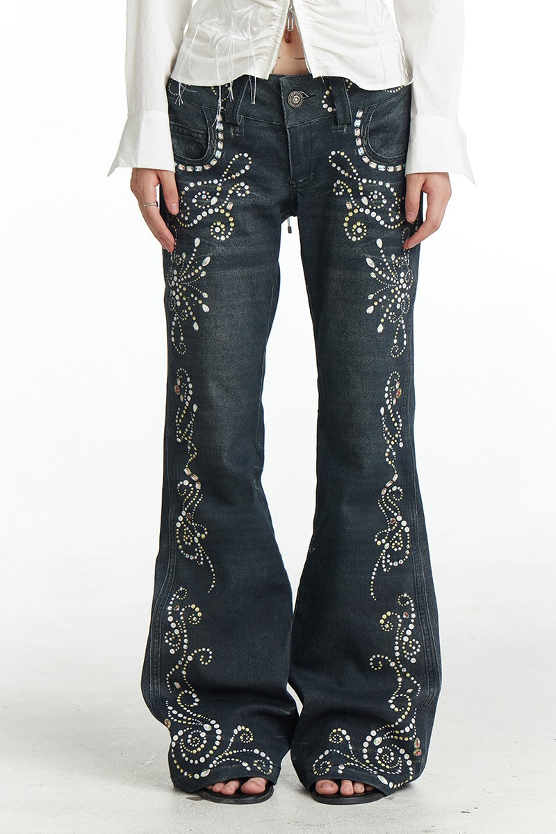 Vintage Gem Print Flared Jeans