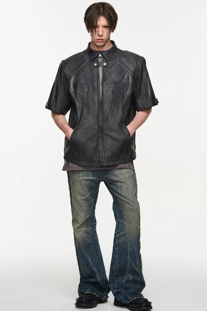 Embossed Patchwork Biker Leather Shirt