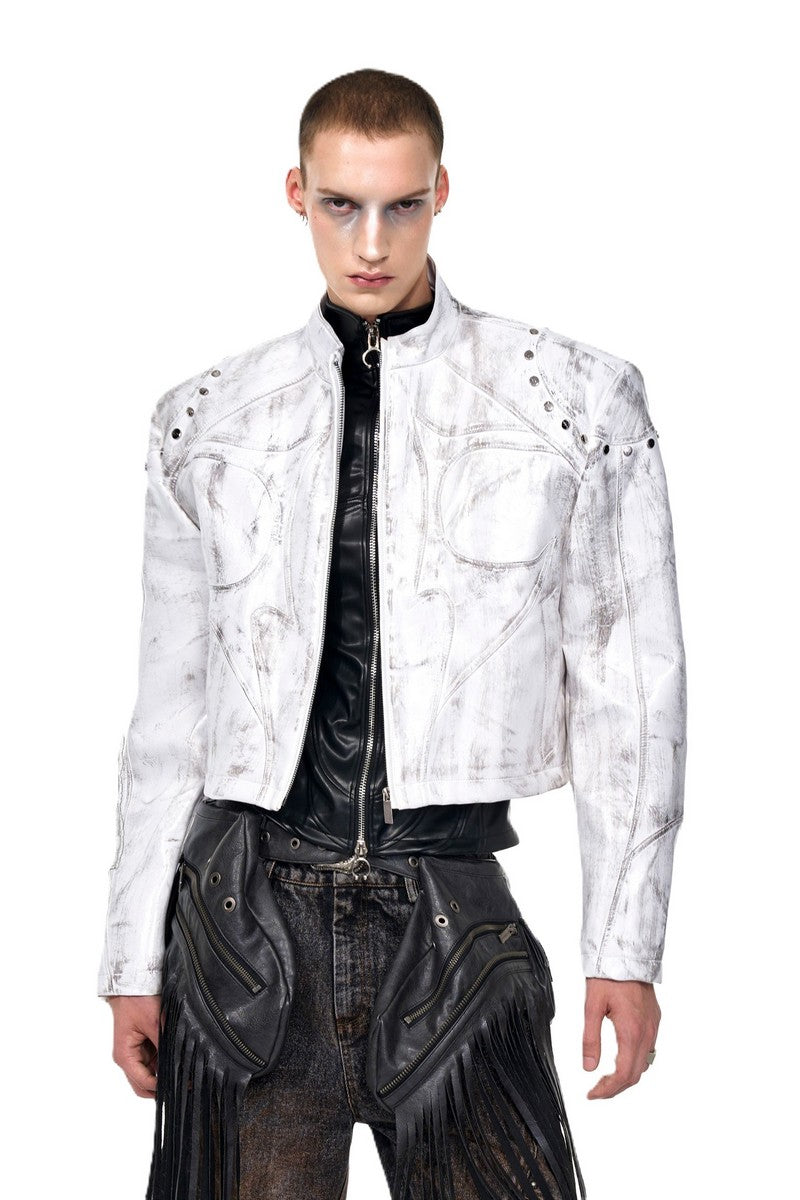 Cropped Stand Collar Leather Jacket