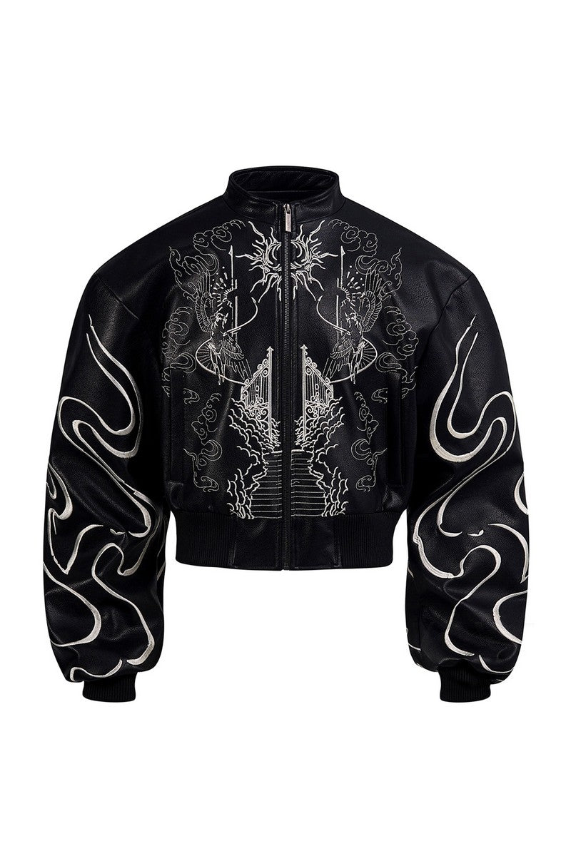 Embroidered Cropped Leather Jacket