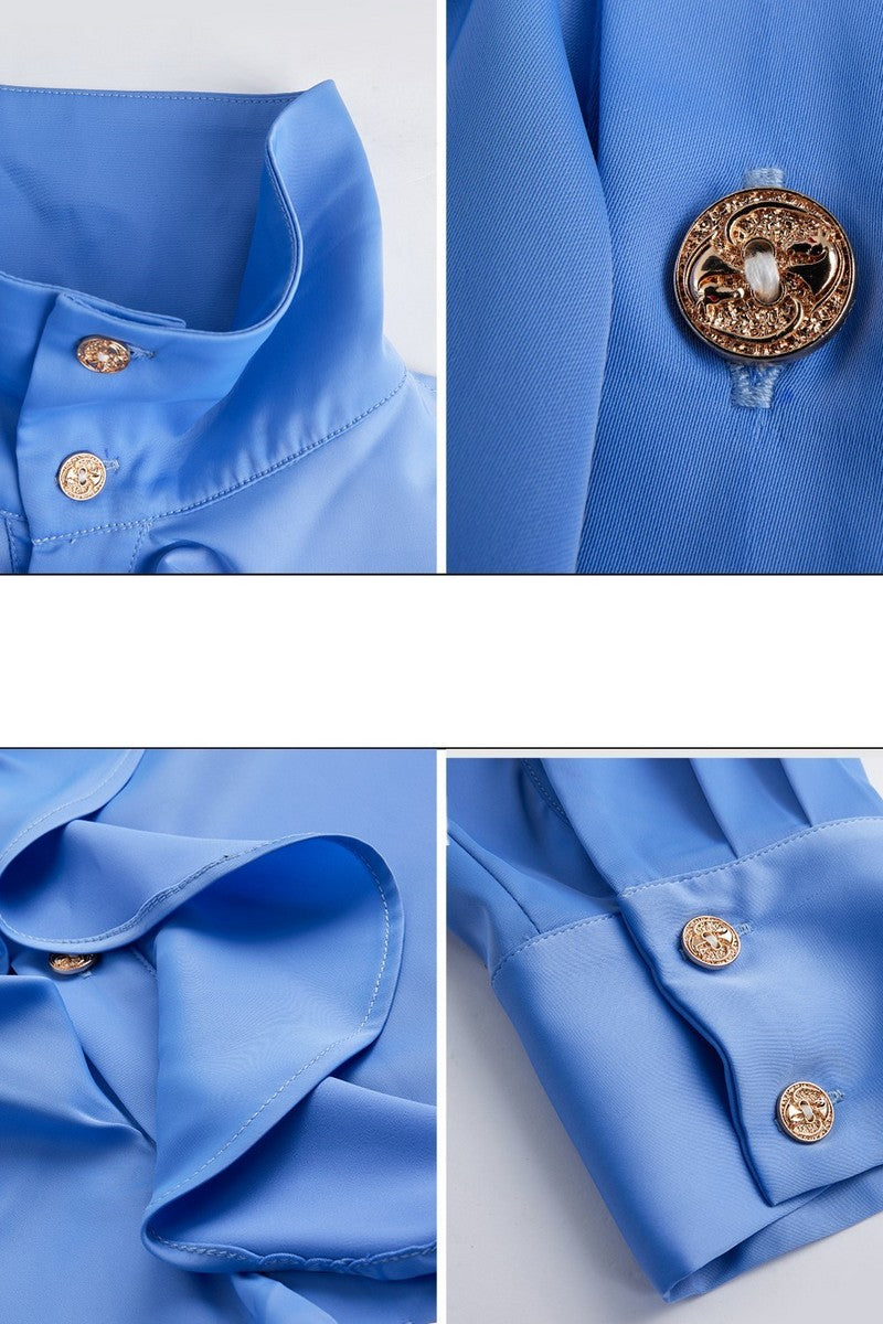 Silky Ruffle Brass Button Shirt
