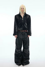 Studded Spine Embroidered PU Leather Jacket