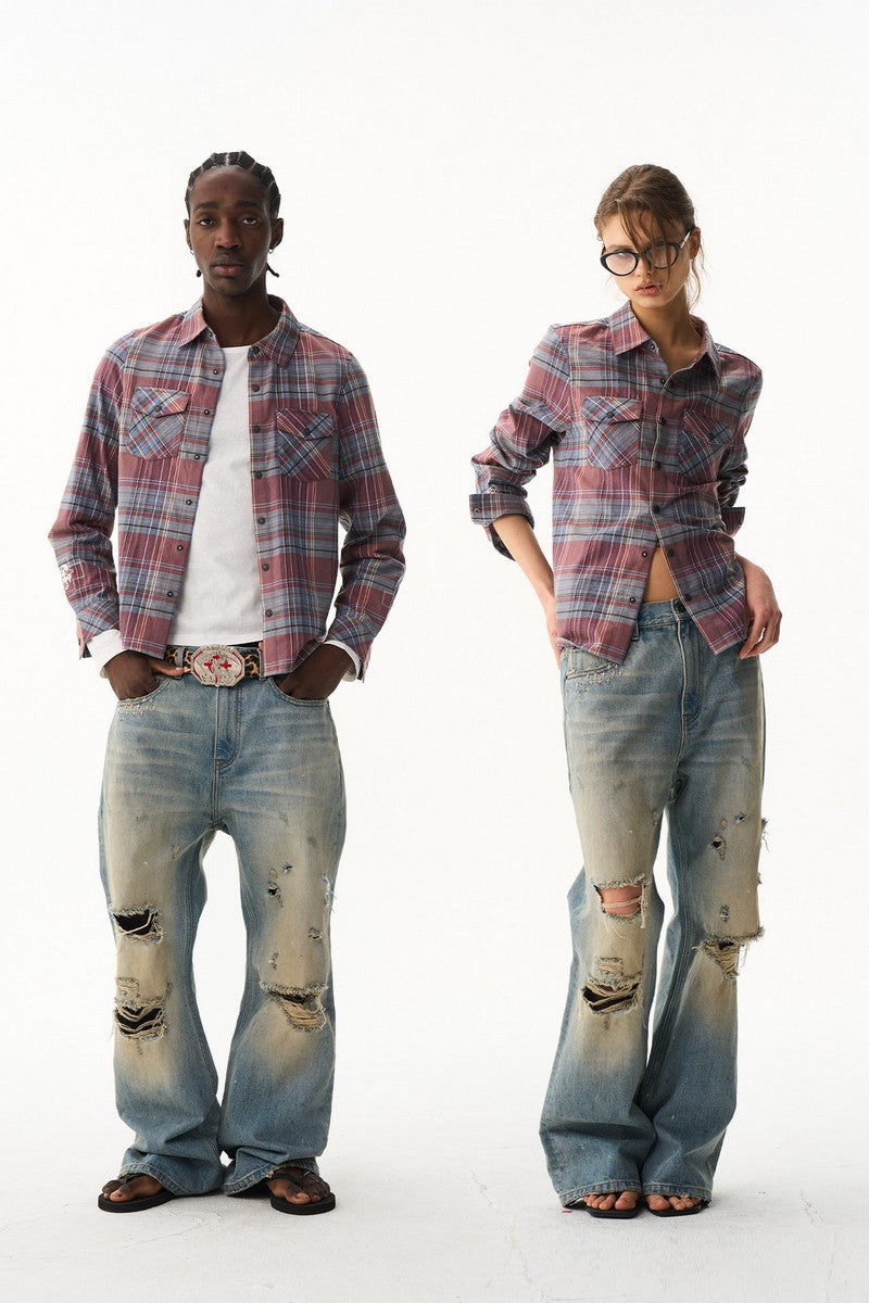 Cropped Plaid Embroidered Shirt
