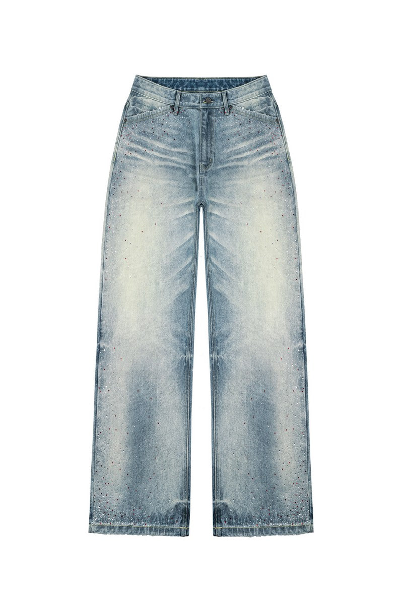 Washed Rhinestone Straight Jeans