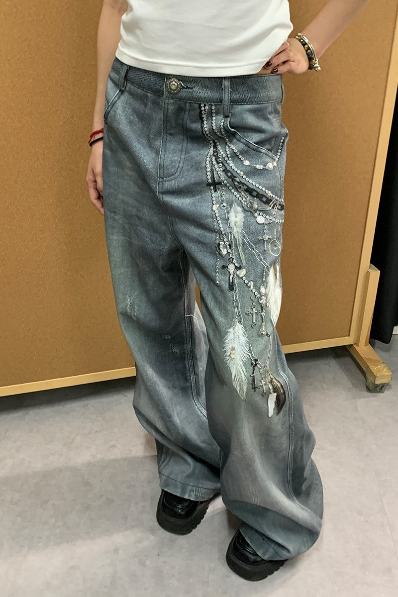 3D Pearl Chain Flared Jeans
