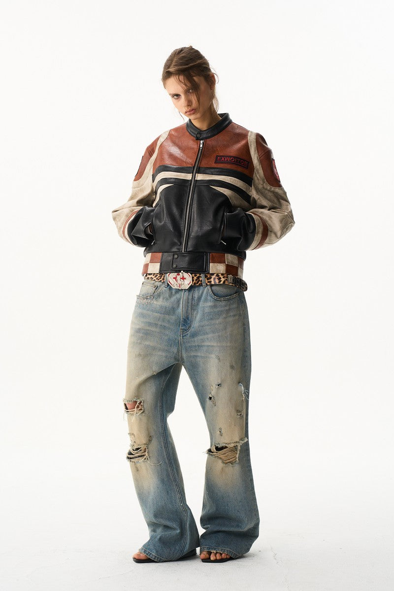 Distressed Patchwork Leather Jacket
