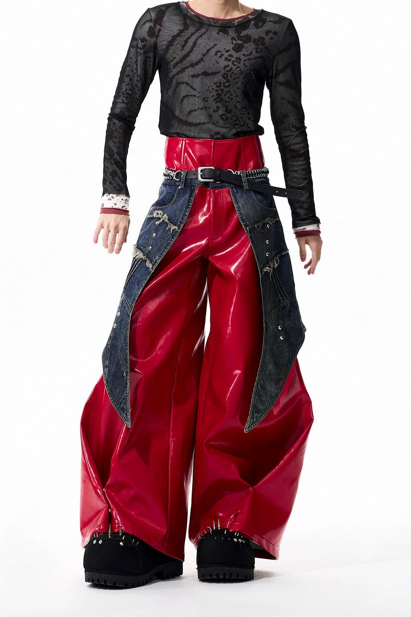 Studded Red Denim Panel Leather Pants